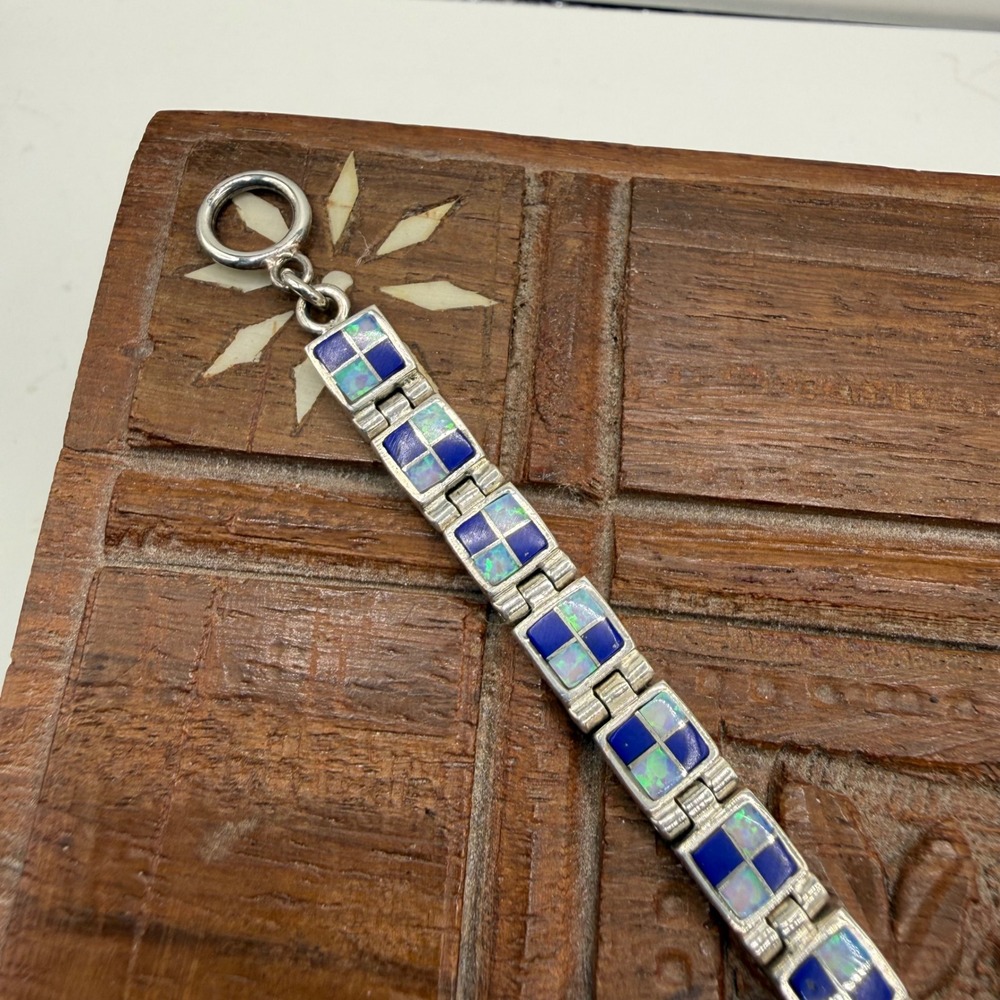 Sterling Silver Blue Opal and Lapis Checker Square Link Bracelet Geometric 925 - Picture 4 of 8